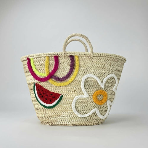 Embroidered Straw Tote - detail view, watermelon embroidery