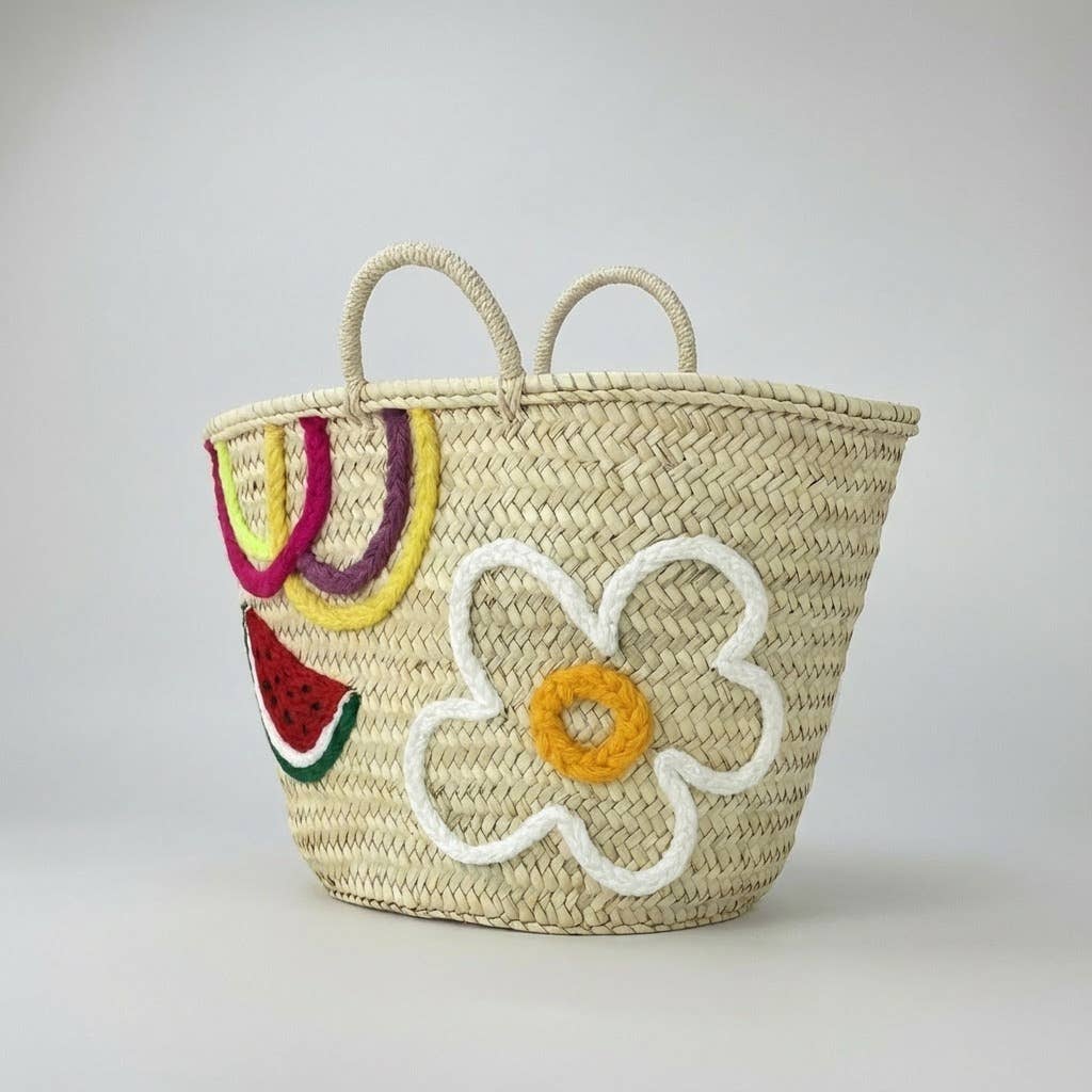 Embroidered Straw Tote - daisy embroidery detail