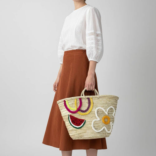 Embroidered Straw Market Basket - front view, watermelon and daisy design