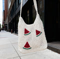 Watermelon Crocheted Tote Bag - detail view, red watermelon pattern
